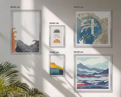 Conjunto de 5 quadros com moldura com decoração de montanhas e ondas em estilo japonês