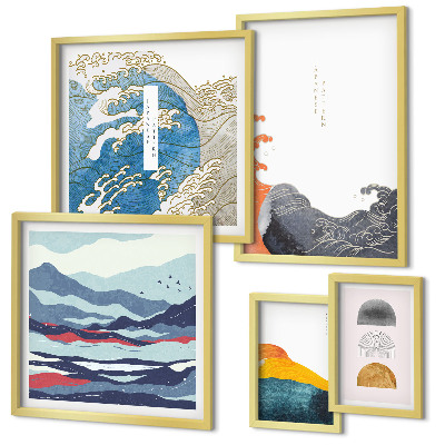 Conjunto de 5 quadros com moldura Decorações de montanhas com ondas em estilo japonês