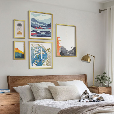 Conjunto de 5 quadros com moldura Decorações de montanhas com ondas em estilo japonês