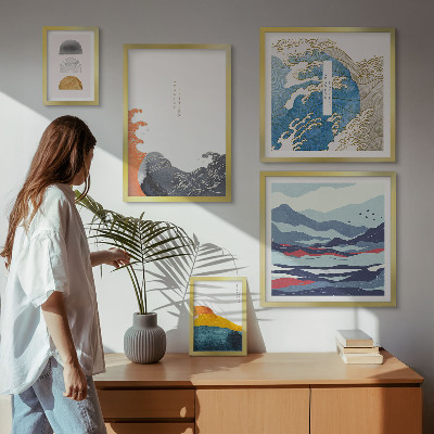 Conjunto de 5 quadros com moldura Decorações de montanhas com ondas em estilo japonês