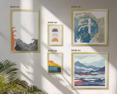 Conjunto de 5 quadros com moldura com decoração de montanhas e ondas em estilo japonês