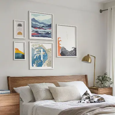 Conjunto de 5 quadros com moldura com decoração de montanhas e ondas em estilo japonês