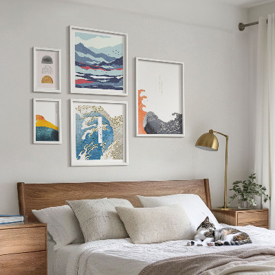 Conjunto de 5 quadros com moldura Decorações de montanhas com ondas em estilo japonês