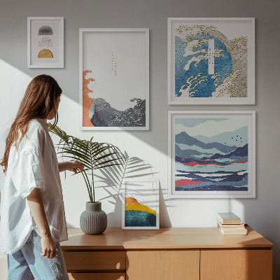 Conjunto de 5 quadros com moldura Decorações de montanhas com ondas em estilo japonês