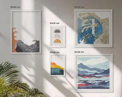 Conjunto de 5 quadros com moldura com decoração de montanhas e ondas em estilo japonês