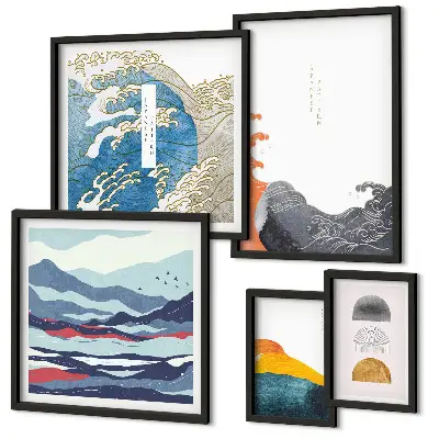 Conjunto de 5 quadros com moldura com decoração de montanhas e ondas em estilo japonês