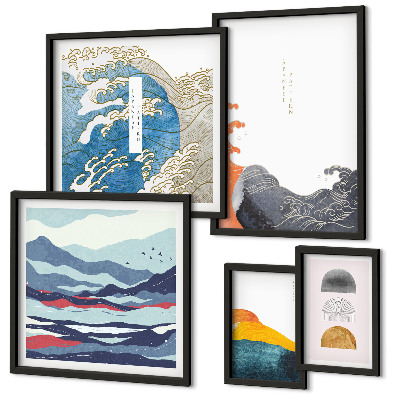 Conjunto de 5 quadros com moldura Decorações de montanhas com ondas em estilo japonês