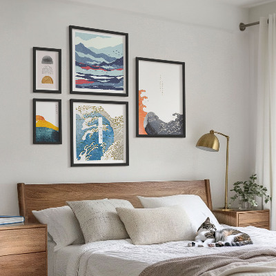 Conjunto de 5 quadros com moldura Decorações de montanhas com ondas em estilo japonês