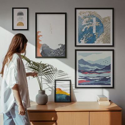 Conjunto de 5 quadros com moldura Decorações de montanhas com ondas em estilo japonês