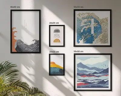 Conjunto de 5 quadros com moldura com decoração de montanhas e ondas em estilo japonês