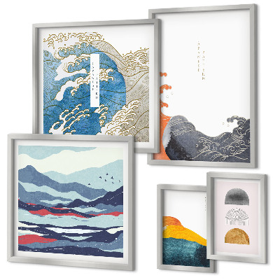 Conjunto de 5 quadros com moldura Decorações de montanhas com ondas em estilo japonês