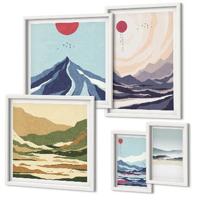 Conjunto de 5 quadros com moldura Paisagens montanhosas abstratas