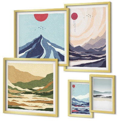 Conjunto de 5 quadros com moldura Paisagens montanhosas abstratas