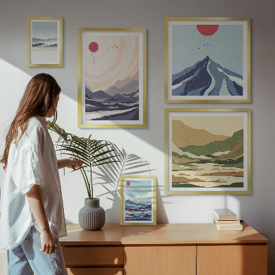 Conjunto de 5 quadros com moldura Paisagens montanhosas abstratas