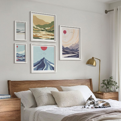 Conjunto de 5 quadros com moldura Paisagens montanhosas abstratas