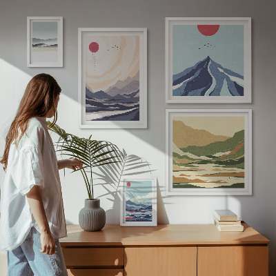 Conjunto de 5 quadros com moldura Paisagens montanhosas abstratas