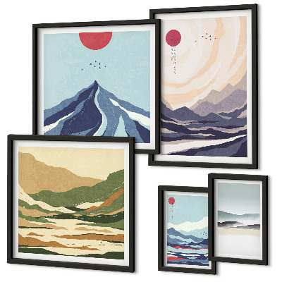 Conjunto de 5 quadros com moldura Paisagens montanhosas abstratas