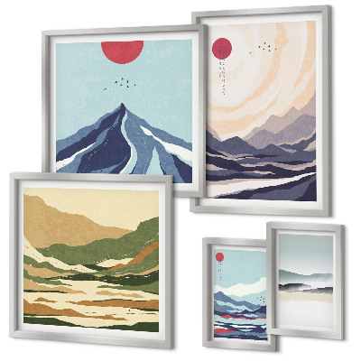 Conjunto de 5 quadros com moldura Paisagens montanhosas abstratas