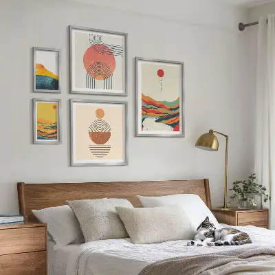 Conjunto de 5 quadros decorativos com paisagens geométricas abstratas
