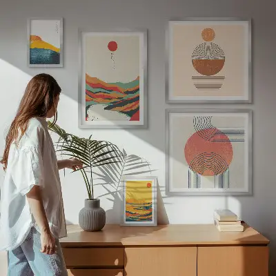 Conjunto de 5 quadros decorativos com paisagens geométricas abstratas