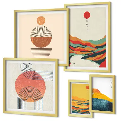 Conjunto de 5 quadros decorativos com paisagens geométricas abstratas