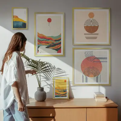 Conjunto de 5 quadros decorativos com paisagens geométricas abstratas