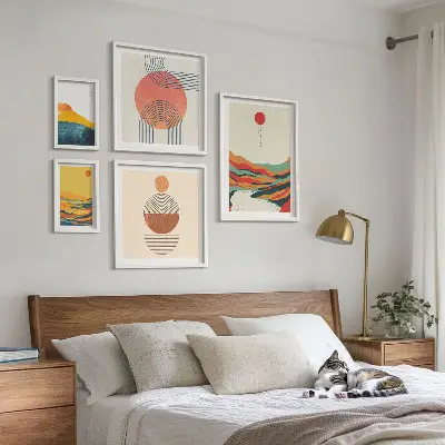 Conjunto de 5 quadros decorativos com paisagens geométricas abstratas