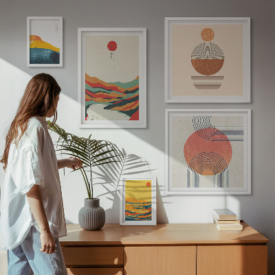 Conjunto de 5 quadros decorativos Paisagens geométricas abstratas