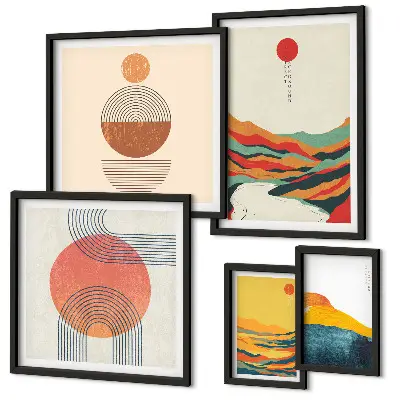 Conjunto de 5 quadros decorativos com paisagens geométricas abstratas