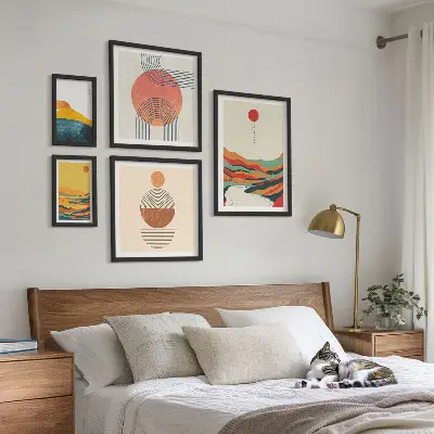 Conjunto de 5 quadros decorativos com paisagens geométricas abstratas