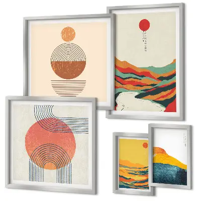Conjunto de 5 quadros decorativos com paisagens geométricas abstratas
