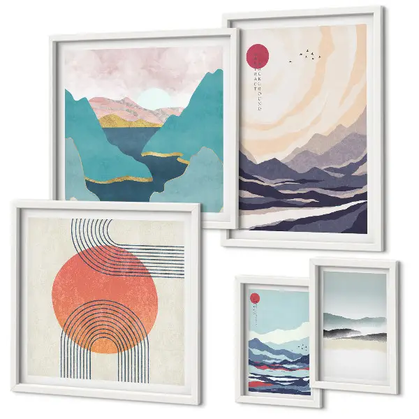 Galeria de parede com paisagens montanhosas abstratas
