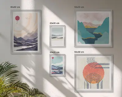 Galeria de parede com paisagens montanhosas abstratas