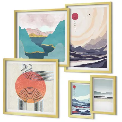 Galeria de parede com paisagens montanhosas abstratas