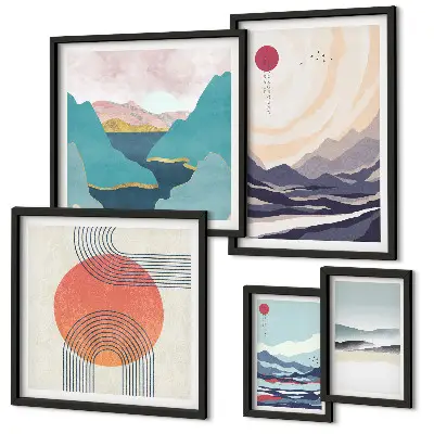 Galeria de parede com paisagens montanhosas abstratas