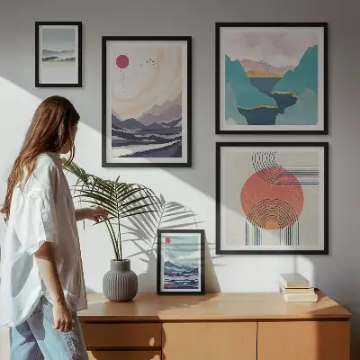 Galeria de parede com paisagens montanhosas abstratas