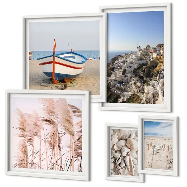 Galeria de quadros para parede com paisagens de praias e edifícios brancos
