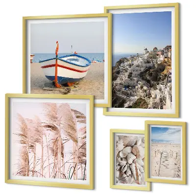 Galeria de quadros para parede com paisagens de praias e edifícios brancos