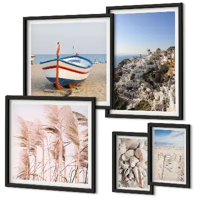Galeria de quadros para parede com paisagens de praias e edifícios brancos