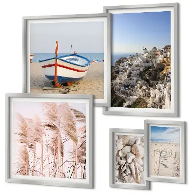 Galeria de quadros para parede com paisagens de praias e edifícios brancos