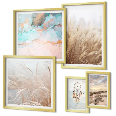 Conjunto de 5 quadros com moldura com paisagens étnicas boêmias naturais