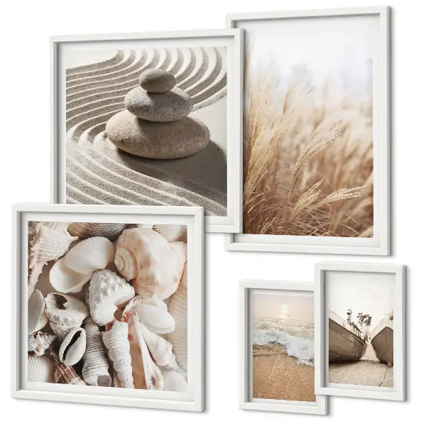 Conjunto de 5 quadros decorativos com tema de conchas e areia da praia