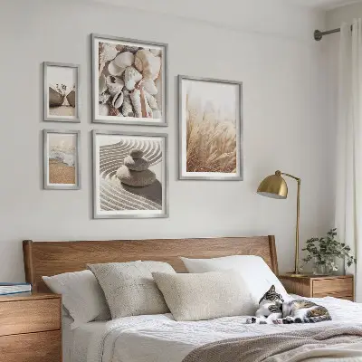 Conjunto de 5 quadros decorativos com tema de conchas e areia da praia