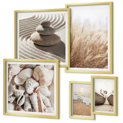 Conjunto de 5 quadros decorativos com tema de conchas e areia da praia