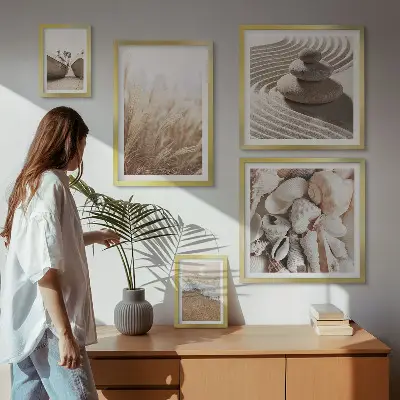 Conjunto de 5 quadros decorativos com tema de conchas e areia da praia
