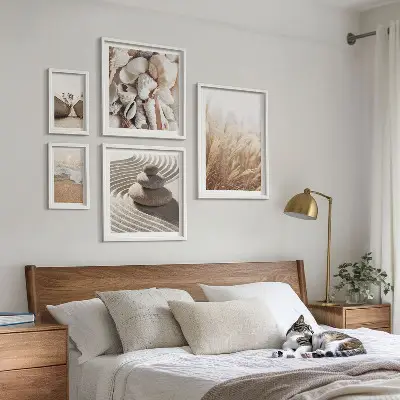 Conjunto de 5 quadros decorativos com tema de conchas e areia da praia