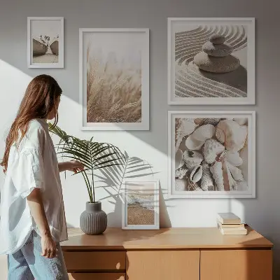 Conjunto de 5 quadros decorativos com tema de conchas e areia da praia