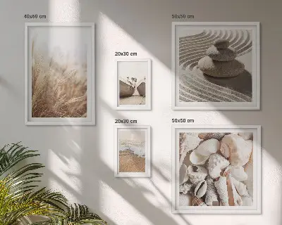 Conjunto de 5 quadros decorativos com tema de conchas e areia da praia