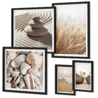 Conjunto de 5 quadros decorativos com tema de conchas e areia da praia
