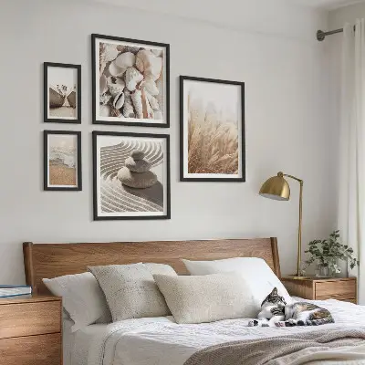 Conjunto de 5 quadros decorativos com tema de conchas e areia da praia